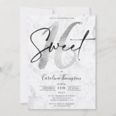 Girly Silver border marble script foto Sweet 16 Kaart (Voorkant)