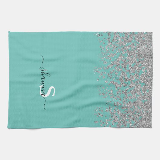 Girly Silver en Blauwgroen Monogram Aqua Sparkle Theedoek (Horizontaal)