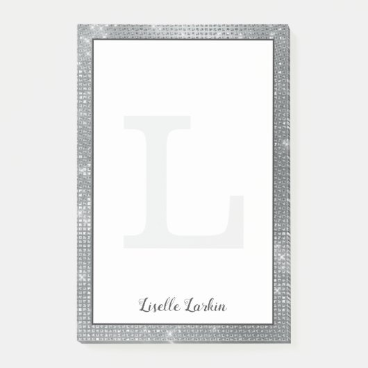 Girly Silver Glam Diamond Sparkle Monogram Naam Post-it® Notes (Voorkant)