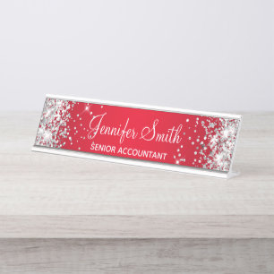 Girly Silver Glitter Bright Red Gradient Bureau Naambordje