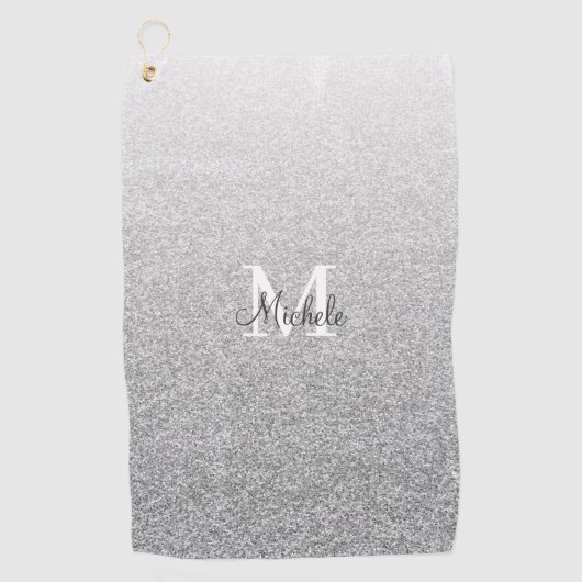 Girly Silver Glitter Monogram Script Golfhanddoek (Voorkant)