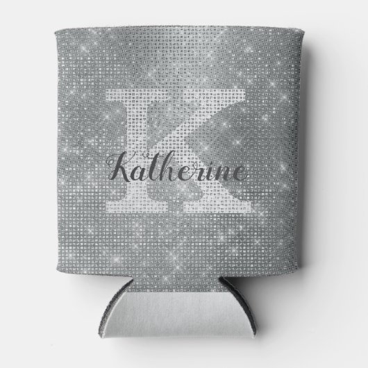Girly Silver Glitter Sparkle Glam Monogram Naam Blikjeskoeler (Voorkant)