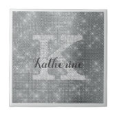 Girly Silver Glitter Sparkle Glam Monogram Naam Tegeltje (Voorkant)