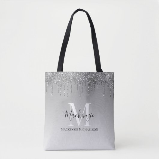 Girly Silver Grey Glitter Monogram Naam Draagtas (Voorkant)