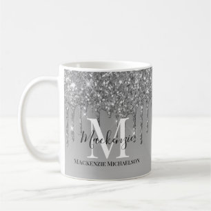 Girly Silver Grey Glitter Monogram Naam Koffiemok