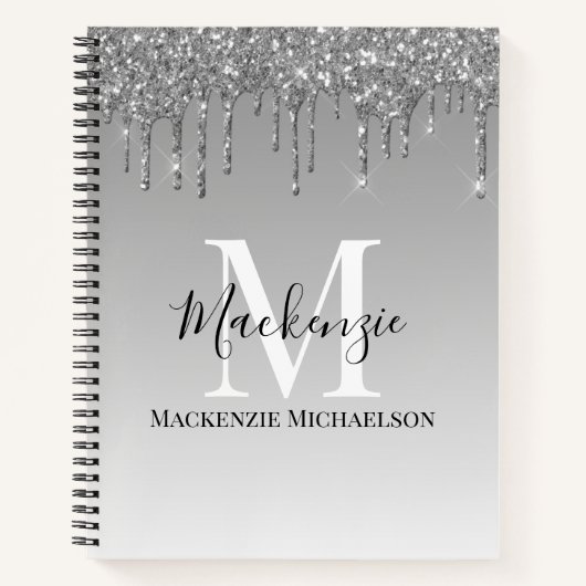 Girly Silver Grey Glitter Monogram Name Notitieboe Notitieboek (Voorkant)