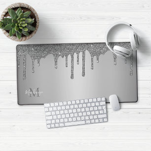 Girly Silver Sparkle Glitter Drift Monogram Bureaumat