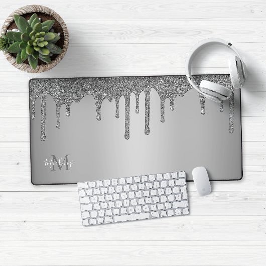Girly Silver Sparkle Glitter Drift Monogram Bureaumat
