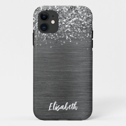 Girly Silver Sparkle Glitter Monogram Naam Case-Mate iPhone Case (Achterkant)