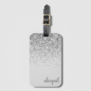 Girly Silver Stylish Glitter Modern Monogram Name Bagagelabel