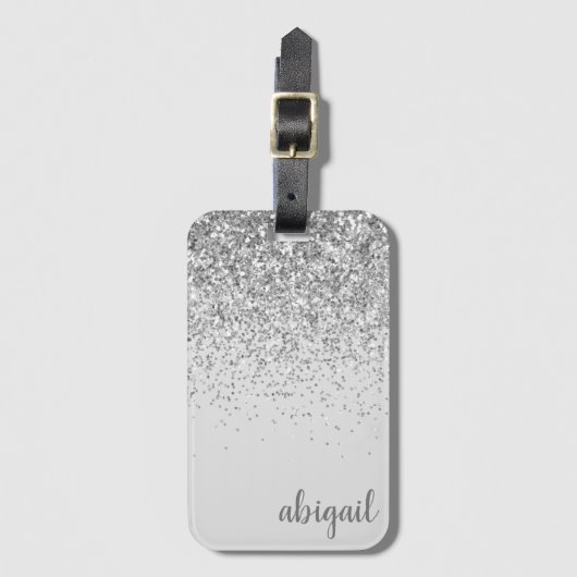 Girly Silver Stylish Glitter Modern Monogram Name Bagagelabel (Voorkant (verticaal))