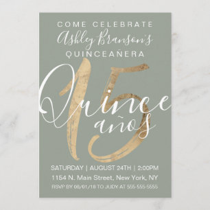Girly Simple Sage Green Gold Foil Quinceañera Kaart
