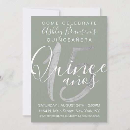 Girly Simple Sage Green Silver Foil Quinceañera Kaart (Voorkant)