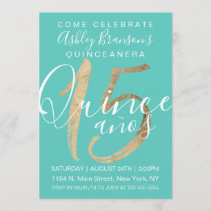 Girly Simple Turquoise Green Gold Foil Quinceañera Kaart