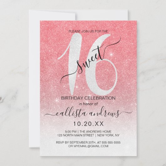Girly Sparkly Coral White Glitter Ombre Sweet 16 Kaart (Voorkant)