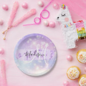 Girly Sparkly Unicorn Rainbow Hearts Monogram Papieren Bordje (Feest)