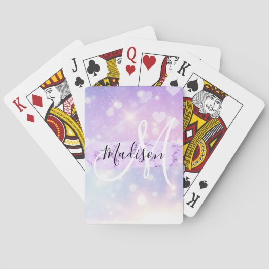 Girly Sparkly Unicorn Rainbow Hearts Monogram Pokerkaarten (Achterkant)