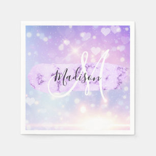 Girly Sparkly Unicorn Rainbow Hearts Monogram Servet