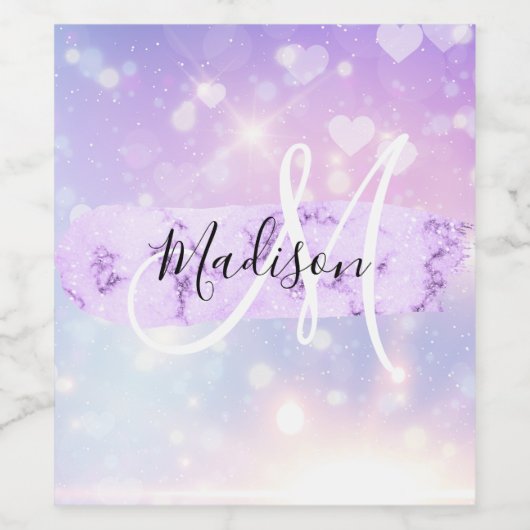 Girly Sparkly Unicorn Rainbow Hearts Monogram Wijn Etiket (Enkel label)