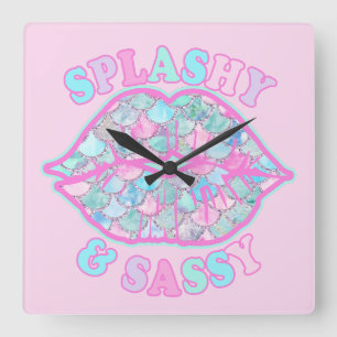 Girly Splashy & Sassy Pink Turquoise Mermaid Kiss Vierkante Klok