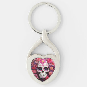 Girly Sugar Skull Metal Sleutelhanger