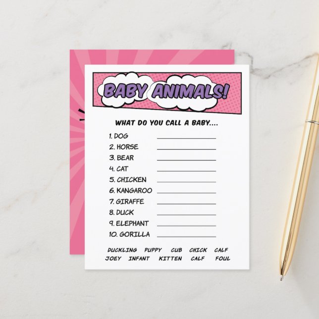 Girly Superhero Comic Baby shower Animals Game (Voorkant / Achterkant in situ)