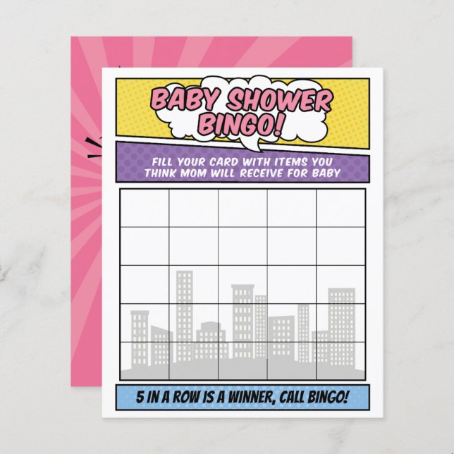 Girly Superhero Comic Book Baby shower Game (Voorkant / Achterkant)