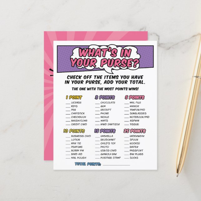 Girly Superhero Comic Book Baby shower Purse Game (Voorkant / Achterkant in situ)