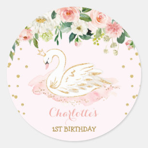Girly Swan Princess Blush Pink Gold Floral Favors Ronde Sticker