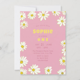 Girly Sweet Daisies Bubblegum Pink First Birthday Kaart