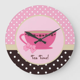Girly Tea Time Teacup Pink and Brown Polka Dot Bow Grote Klok