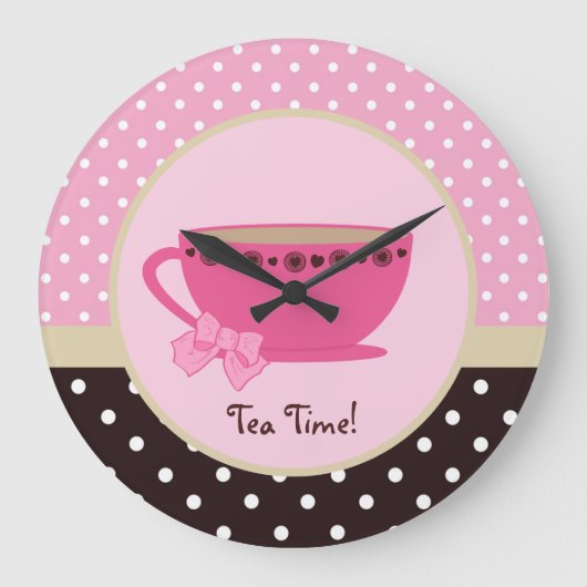 Girly Tea Time Teacup Pink and Brown Polka Dot Bow Grote Klok (Voorkant)