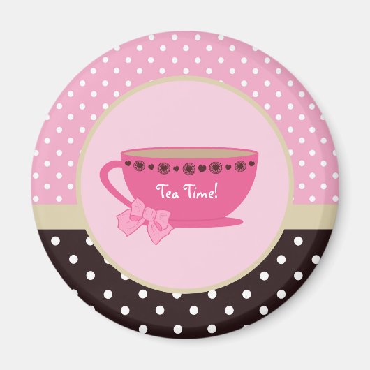 Girly Tea Time Teacup Pink and Brown Polka Dot Bow Magneet (Voorkant)