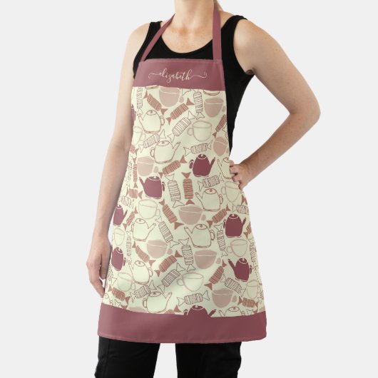Girly Theepot Tea Cup Snoep Patroon Script Naam Schort (Insitu)