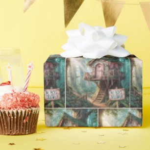 Girly Treehouse Met Een Grappig Teken In Een Bos Cadeaupapier