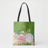 Girly trendy waterverf bloemen monogram groen draagtas (Voorkant)