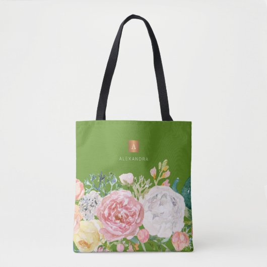 Girly trendy waterverf bloemen monogram groen draagtas (Voorkant)