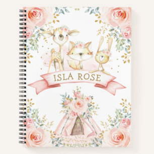 Girly Tribal Woodland Animals Blush Gold Floral Notitieboek