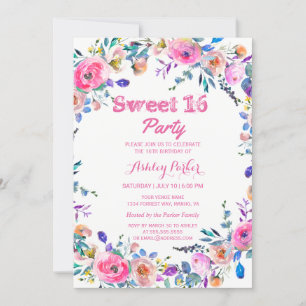 Girly Tropical Pink Flower Sweet 16 Invite Kaart