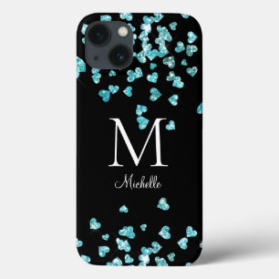 Girly Turquoise Glitter Hearts Monogram iPhone 13 Hoesje
