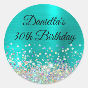 Girly Turquoise Ombre Holo Glitter 30th Birthday Ronde Sticker