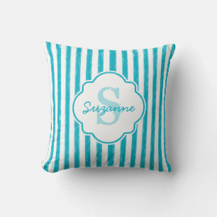 Girly Turquoise Painted Stripes Monogram en naam Kussen