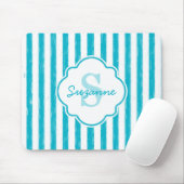 Girly Turquoise Painted Stripes Monogram en naam Muismat (Met muis)