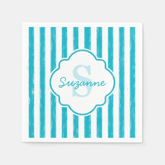 Girly Turquoise Painted Stripes Monogram en naam Servetten (Voorkant)