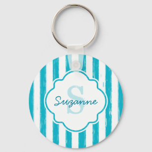 Girly Turquoise Painted Stripes Monogram en naam Sleutelhanger