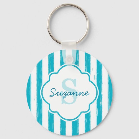 Girly Turquoise Painted Stripes Monogram en naam Sleutelhanger (Voorkant)