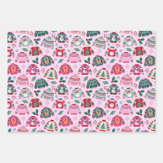 Girly Ugly Sweater Roze, Rood en Groen Kerstmis Inpakpapier Vel (Voorkant 3)