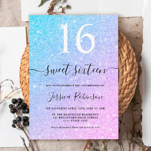 Girly unicorn glitter sparkles chic Sweet 16 Kaart