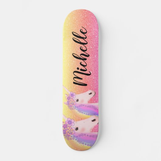 Girly Unicorn Rainbow Glitter Personalized Kids Skateboard (Voorkant)