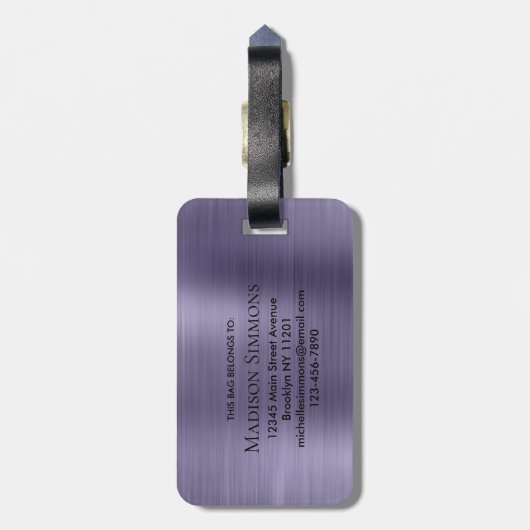 Girly Violet Geborsteld Metalen Script Monogram Gl Bagagelabel (Achterkant verticaal)